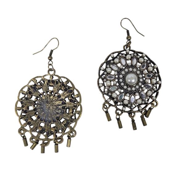 Gold Tone Faux Pearl Rhinestone Statement Tassel Circle Drop Dangle Earrings - Picture 3 of 7